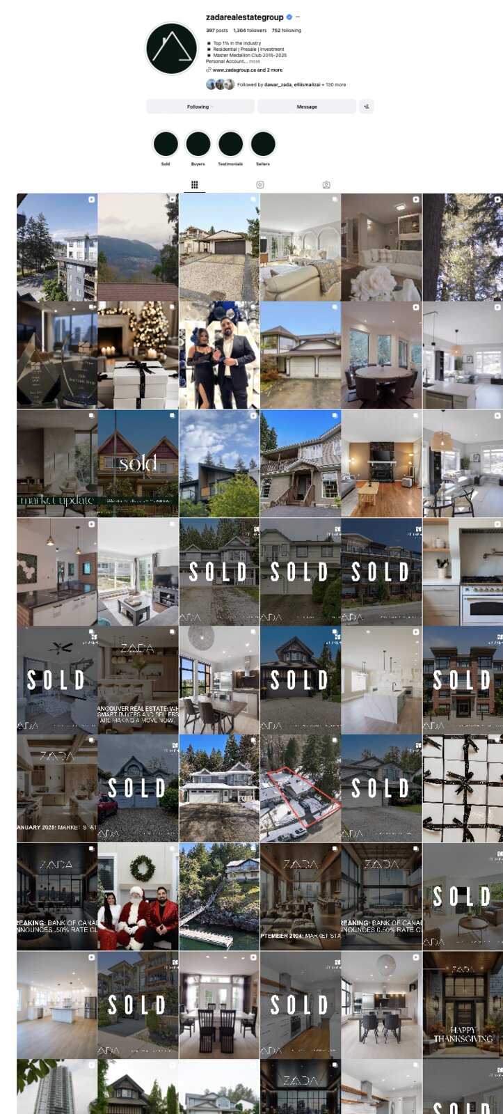 Zada Real Estate Group Instagram feed showing SOLD listings across Metro Vancouver
