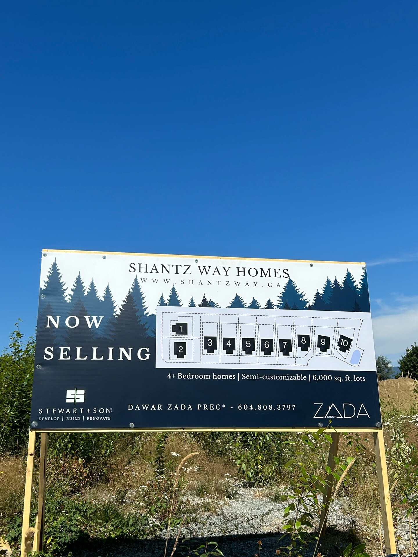 Shantz Way Homes 'Now Selling' development sign — marketing campaign by Zada Group in partnership with Stewart + Son builders, Maple Ridge